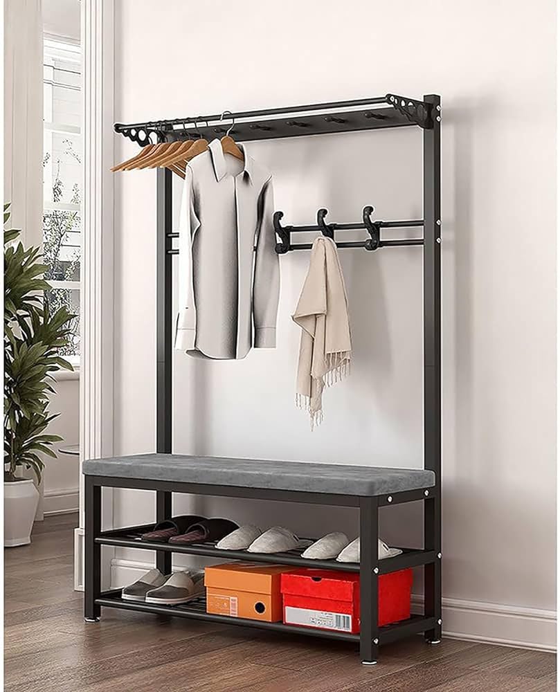 Shoe Storage Entryway Organizer with Coat Rack Hanging Hooks and Shoe Bench