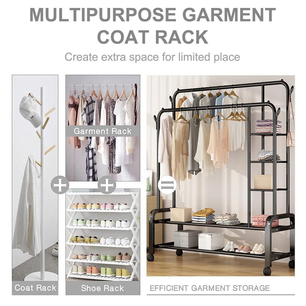 Metal Double Garment Rack Hanging Rod with 4 Wheels and 2-Tier Shelves Storage- Assorted Color