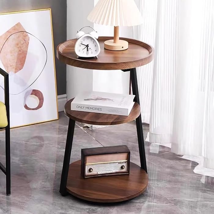 Round Wooden Side Table with Metal Frame
