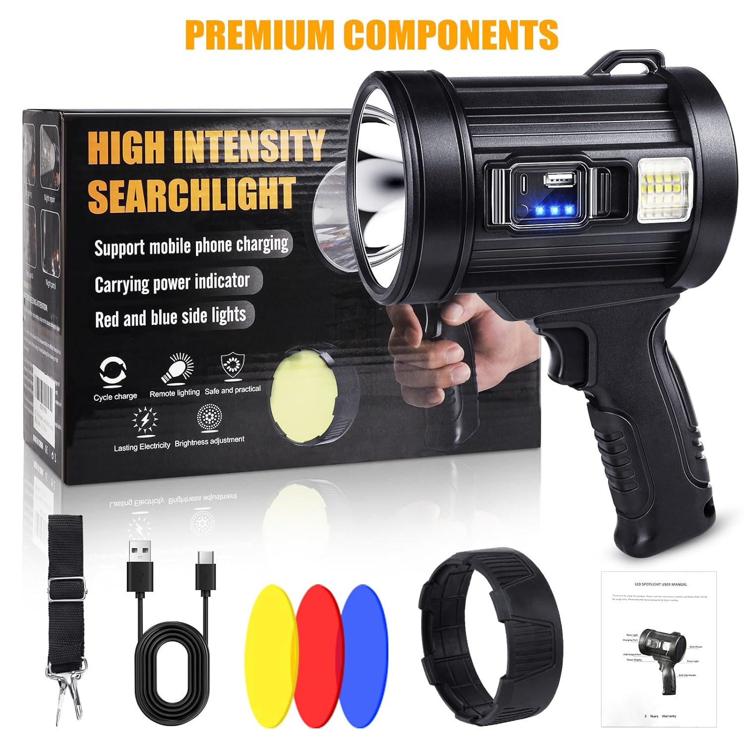Long Running Spot Light Searchlight, Outdoor Handheld Spotlight with Solar Panels
