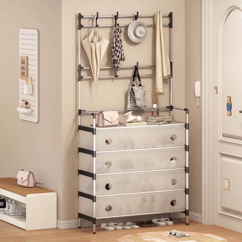 5 Tier Metal Shoes Shelf with Hooks & Cover