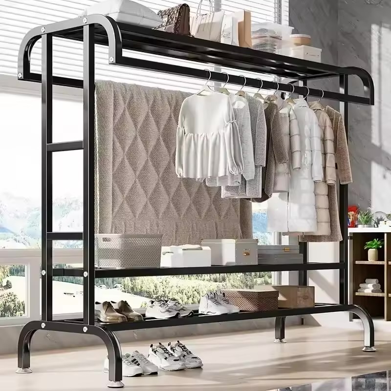 Metal Coat Rack Rolling Garment Rack With Double Hanging Rod Clothing Rack With Shelves And Side Rods