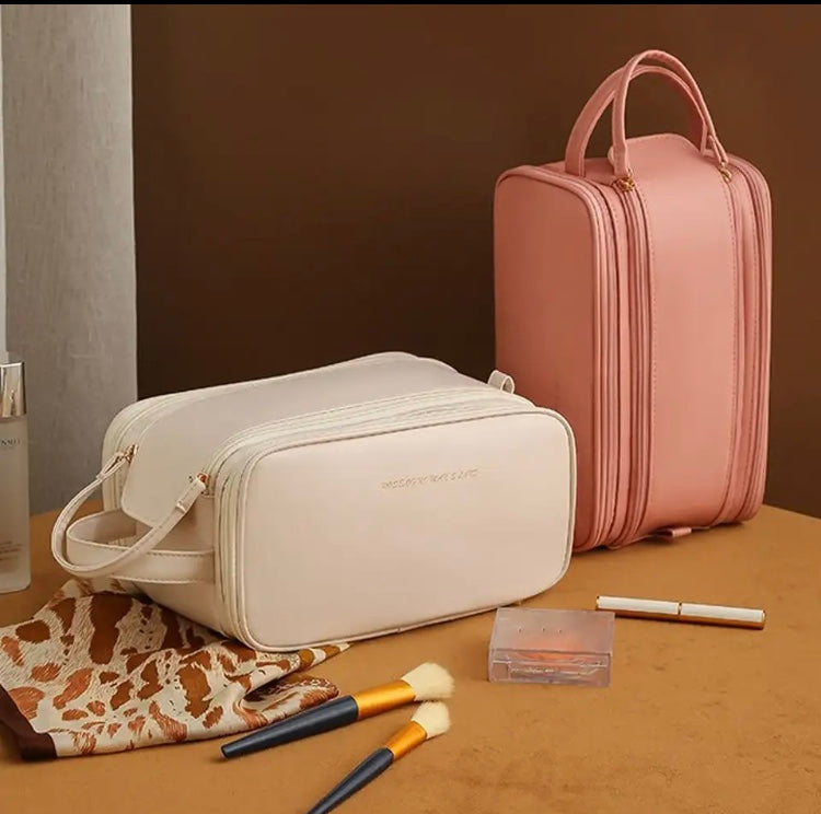 Double-Layer Travel Makeup Bag with Brush Organizer and Hanging Hook- Assorted Color