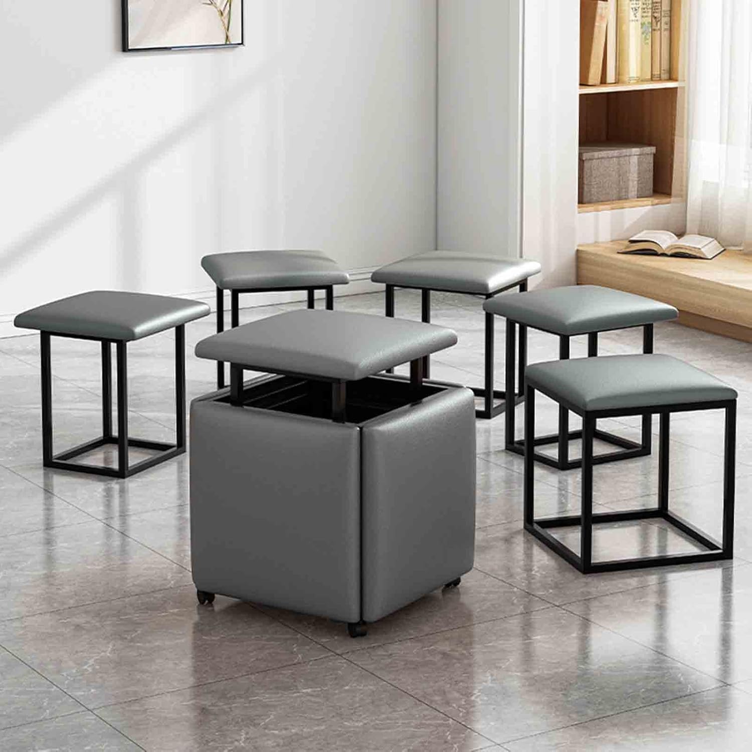 5 in 1 Nesting Ottoman Stool Stackable Chair Home Sofa Dining Magic Cube Stool- Grey