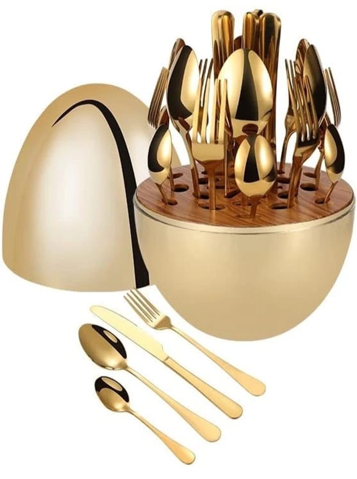 Luxury Egg-Shaped Cutlery Set, 24 Piece Mirror Finish Stainless Steel, Gold
