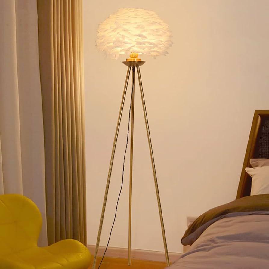Standing Floor Lamp with White Feather Elegant for Bedrooms/Living Room/Kitchen