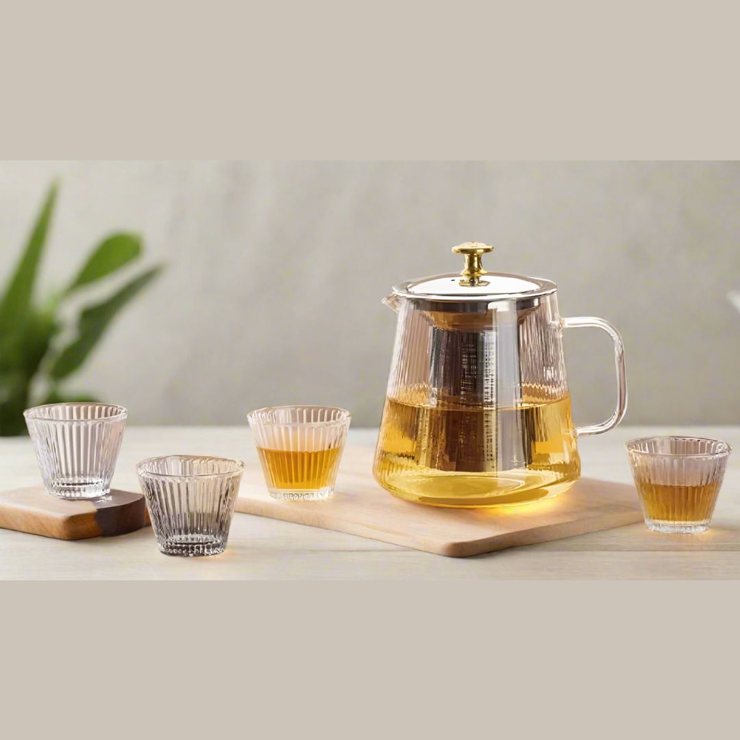 Glass Teapot Set with Infuser & 4 Ribbed Cups