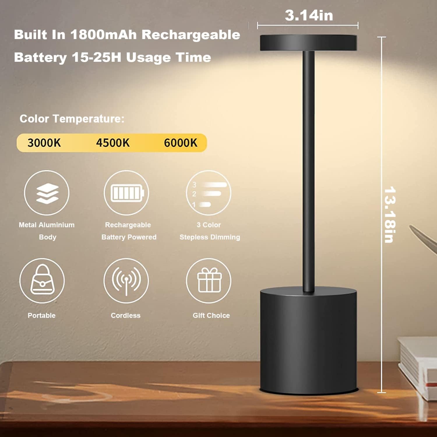 Led Touch Lamp Rechargeable Desk Lamp with Stepless Dimming