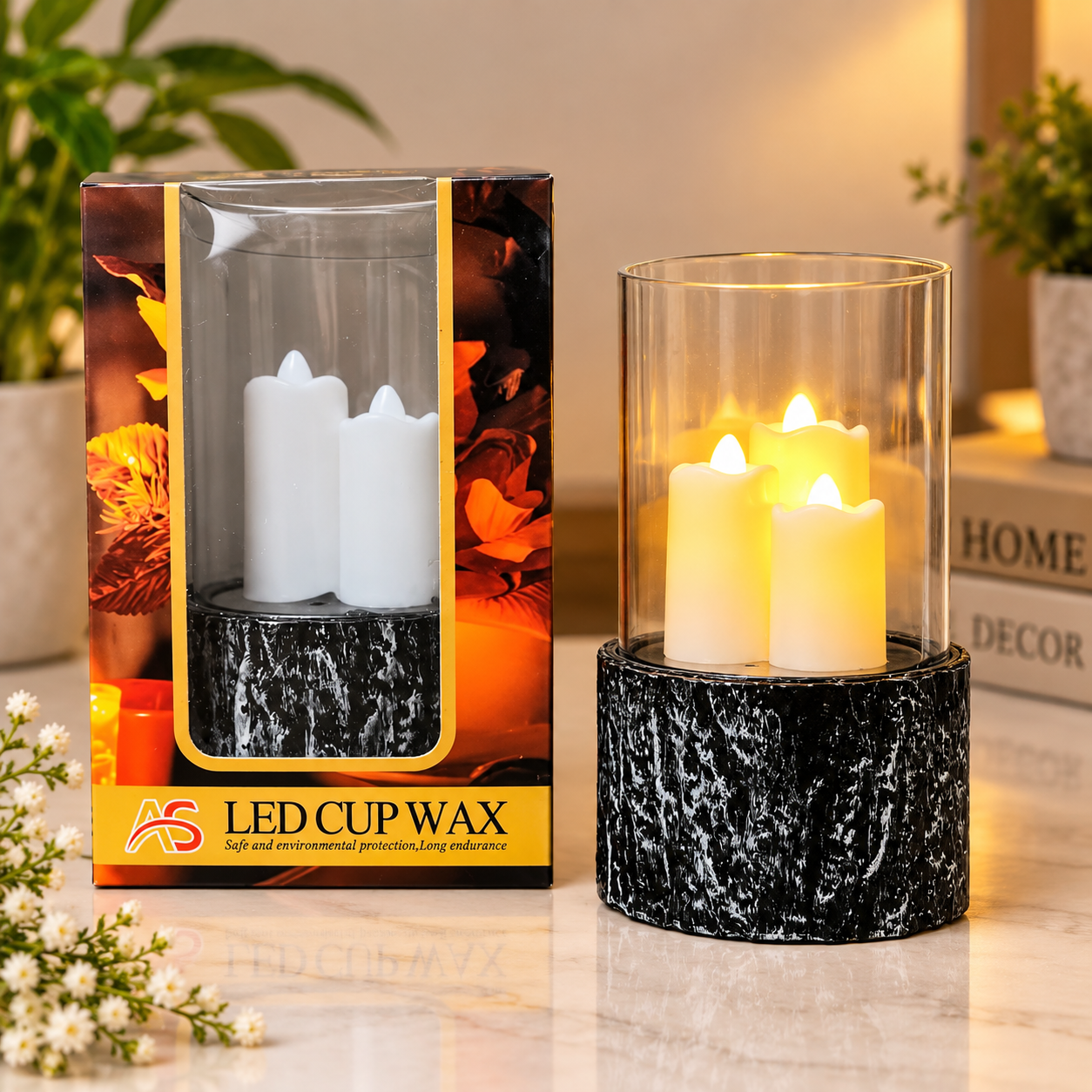 Candle LED Light with Black Wood Stand