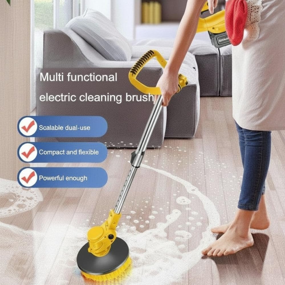 Cordless Electric Power Scrubber with Long Handle, 3 Replaceable Brush Heads