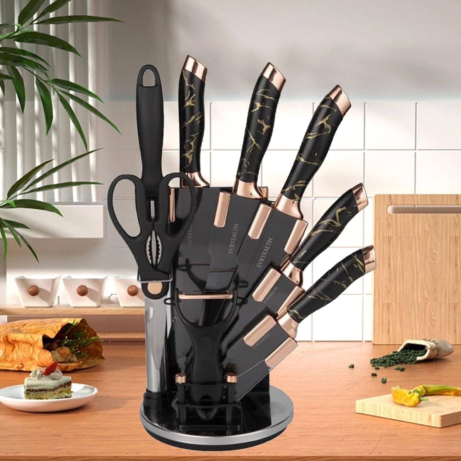 9 Piece Stainless Steel Knife Block Chef Knife Set with Rotating Acrylic Holder