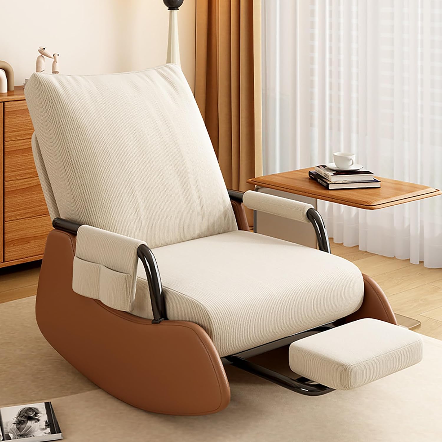 Modern Rocking Chair with Footstool, Glider Chair with Folding Foot Pad