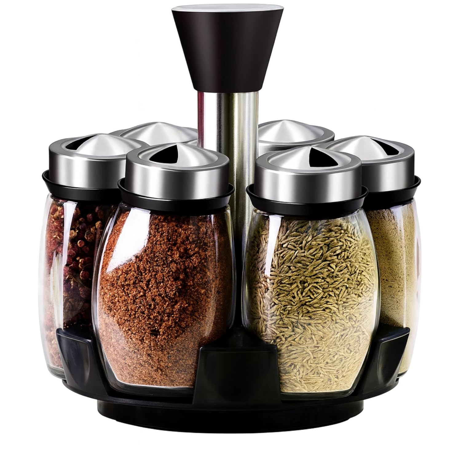 Revolving 6 Spice Jars Round Masala Rack for Seasoning Storage and Organized Cooking