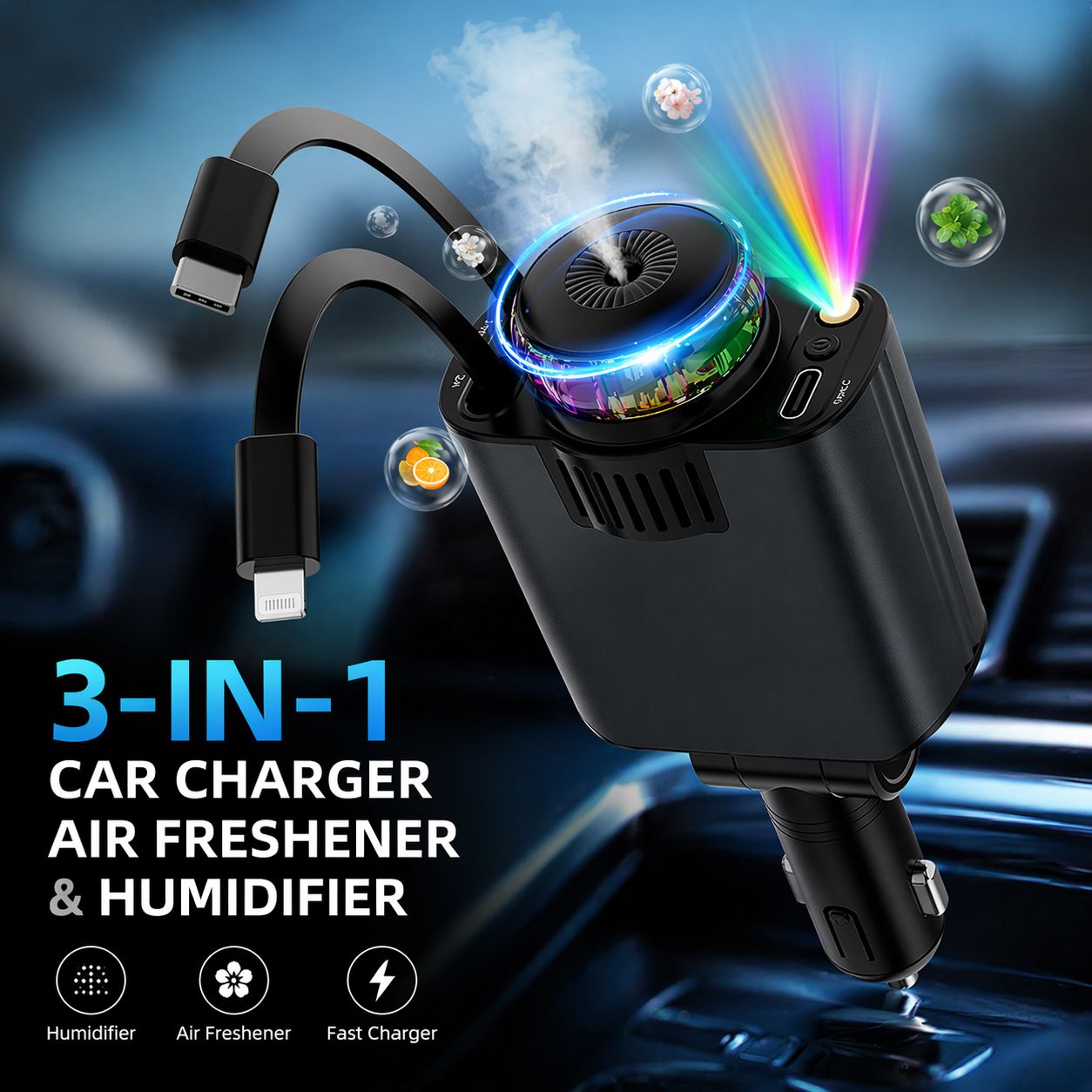 Retractable Car Charger with Aromatherapy and Starlight, 5 in 1
