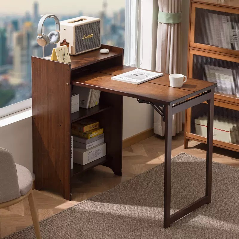Folding desk with storage shelves