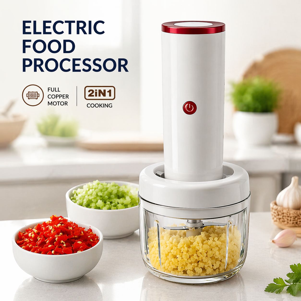 Electric Food Processor – 2-in-1 Chopper & Mixer with Full Copper Motor