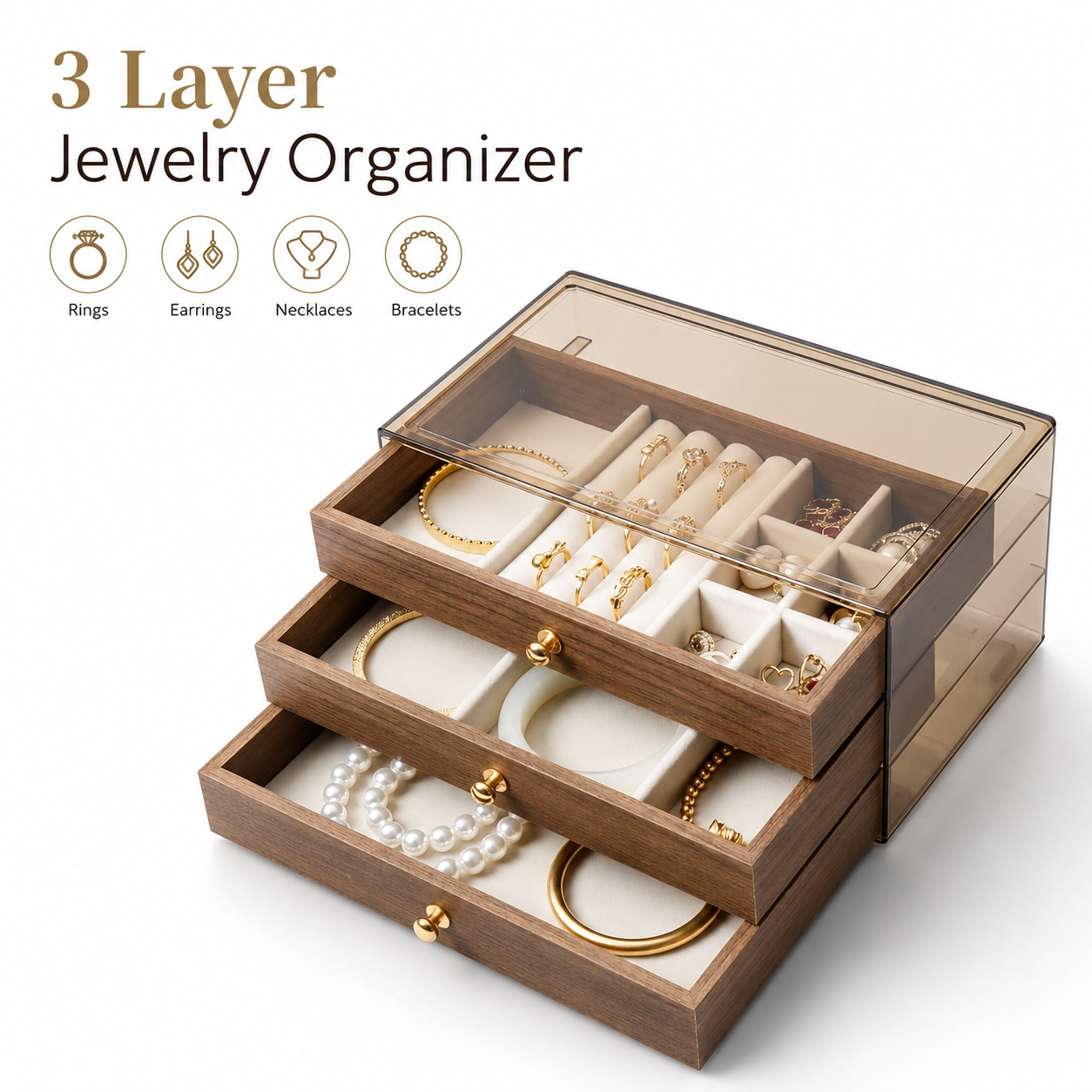 Elegant 3 Layer Jewelry Organizer with spacious compartments