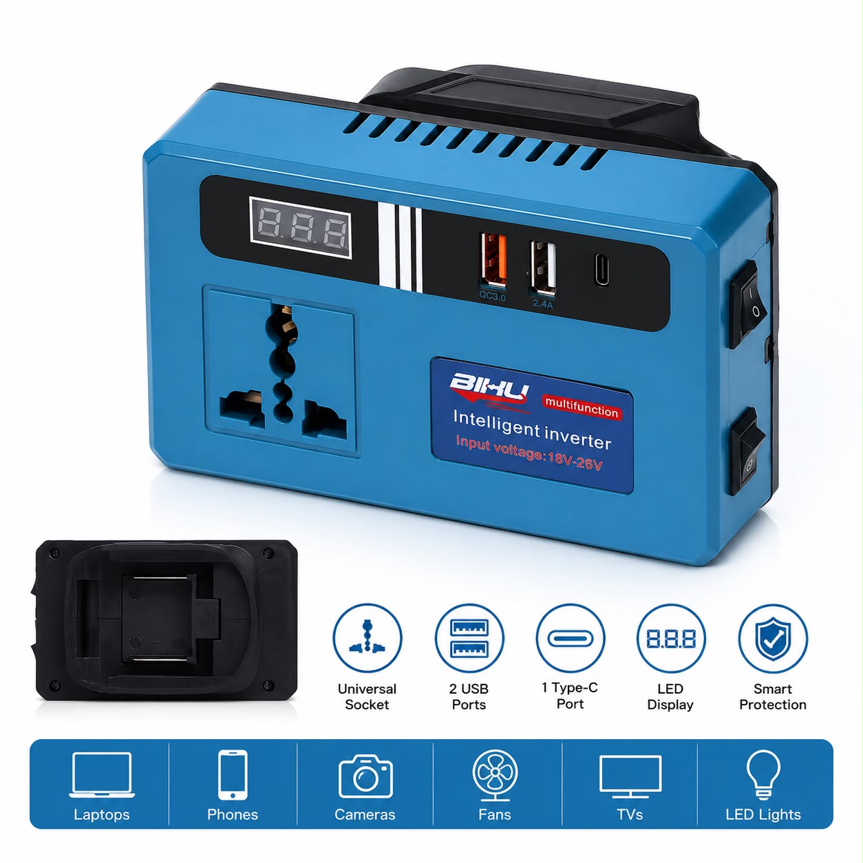 Multifunction Intelligent Power Inverter with Universal Socket, Dual USB & Type-C Charging Port