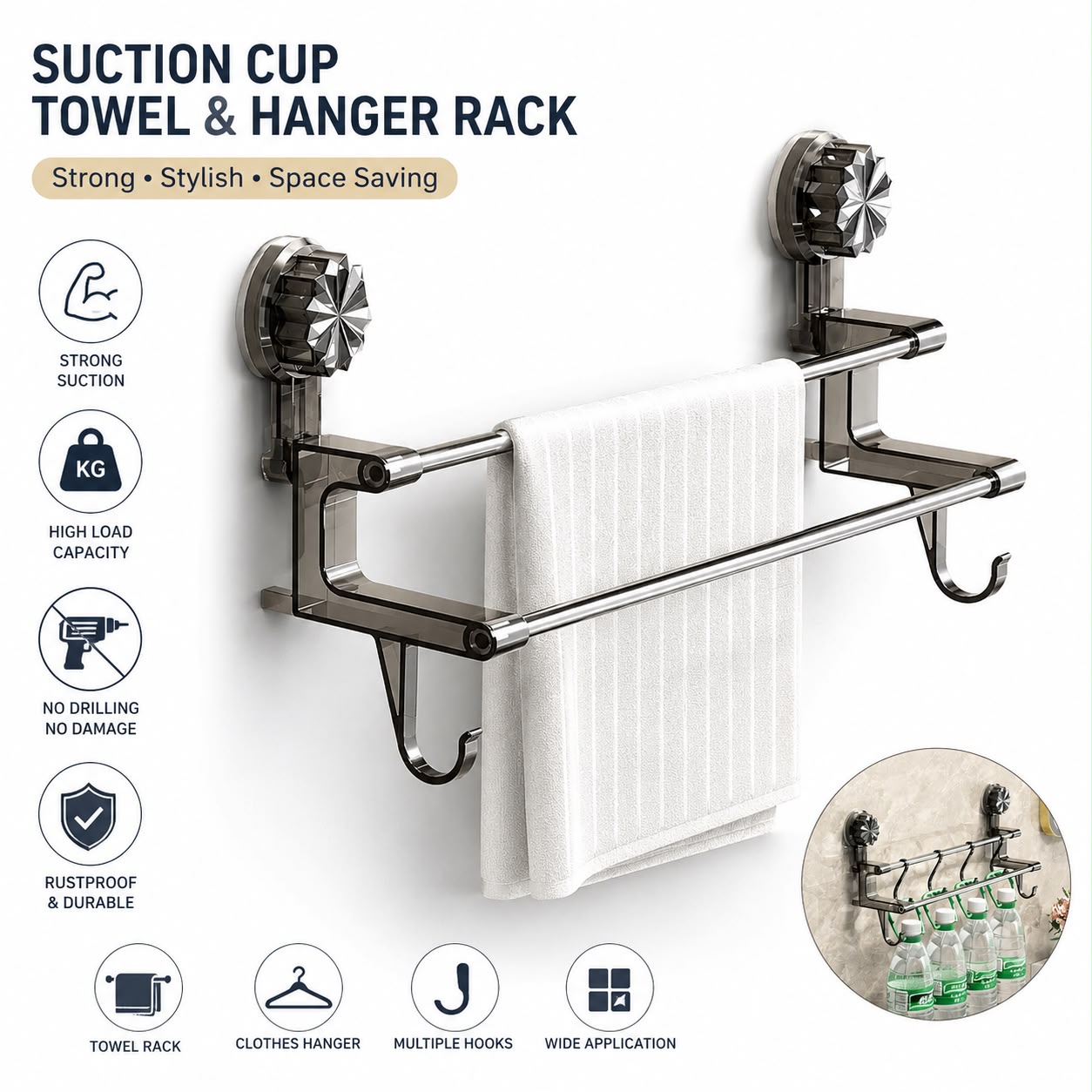 Suction Cup Towel & Hanger Rack – No Drilling Bathroom Organizer