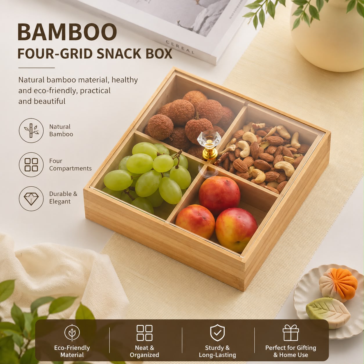 Bamboo 4-Compartment Snack Box with Transparent Lid