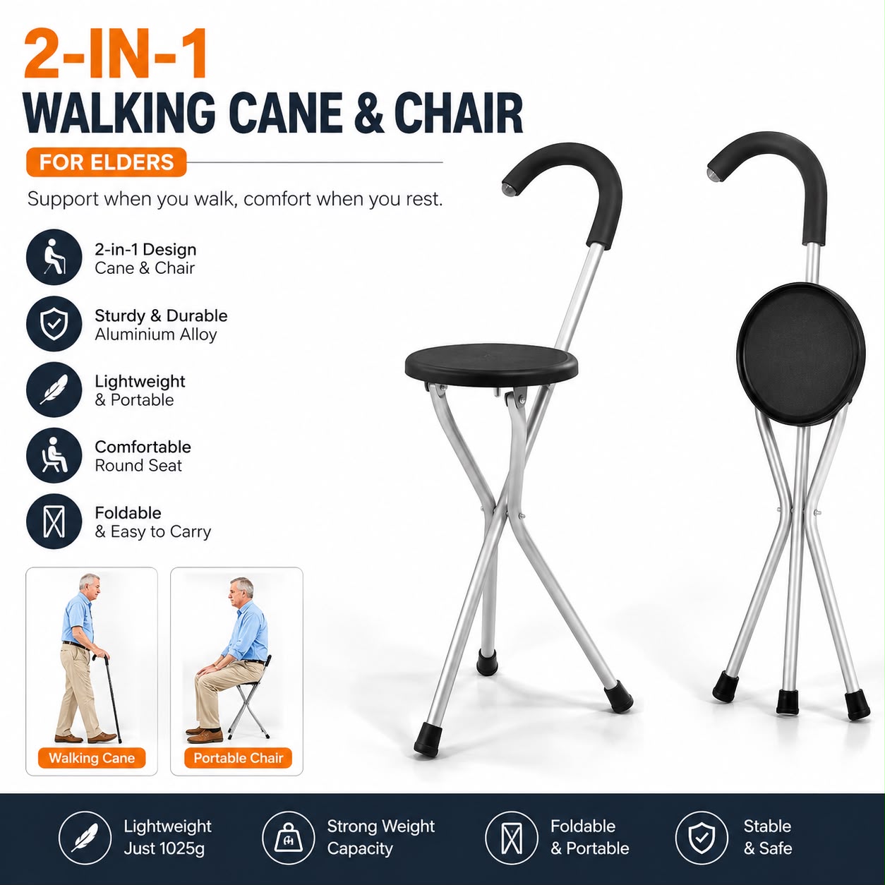 2-in-1 Walking Cane with Foldable Seat – Lightweight Walking Stick & Portable Chair for Seniors
