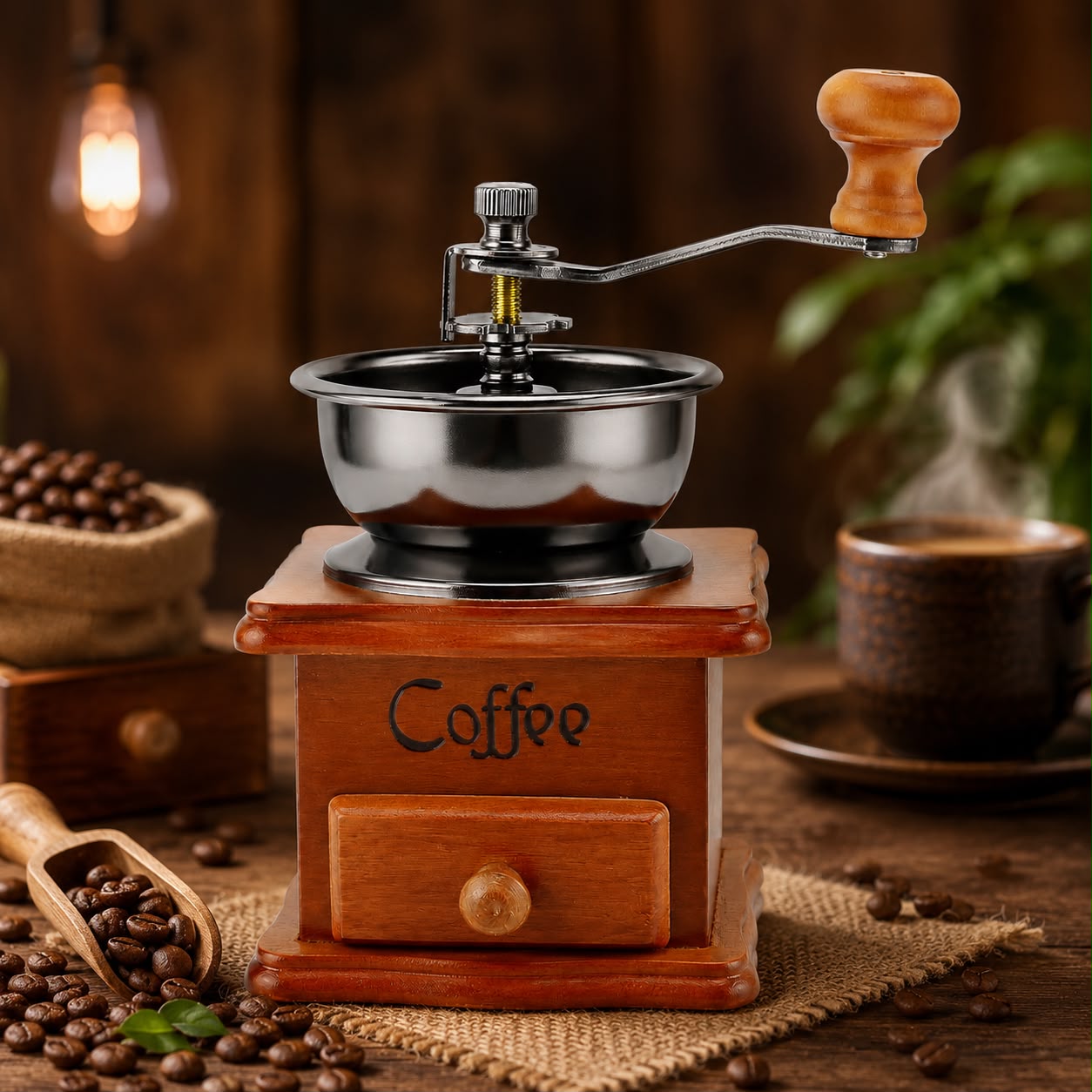 Manual Coffee Grinder with Wooden Base & Stainless Steel Bowl