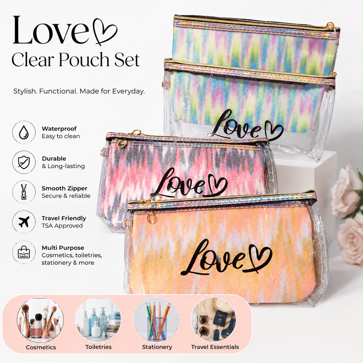 Love Clear Cosmetic Pouch Set – Waterproof Transparent Makeup & Travel Organizer