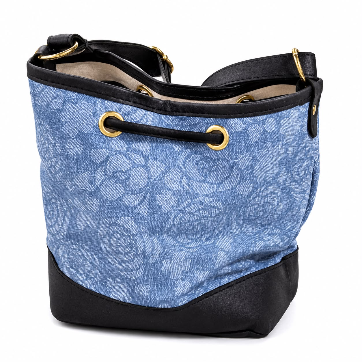 Blue Floral Denim Bucket Sling Bag