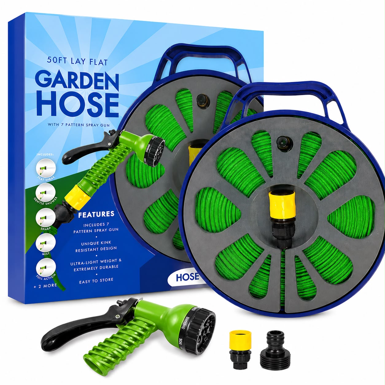 50 FT Lay Flat Garden Hose with 7-Pattern Spray Gun