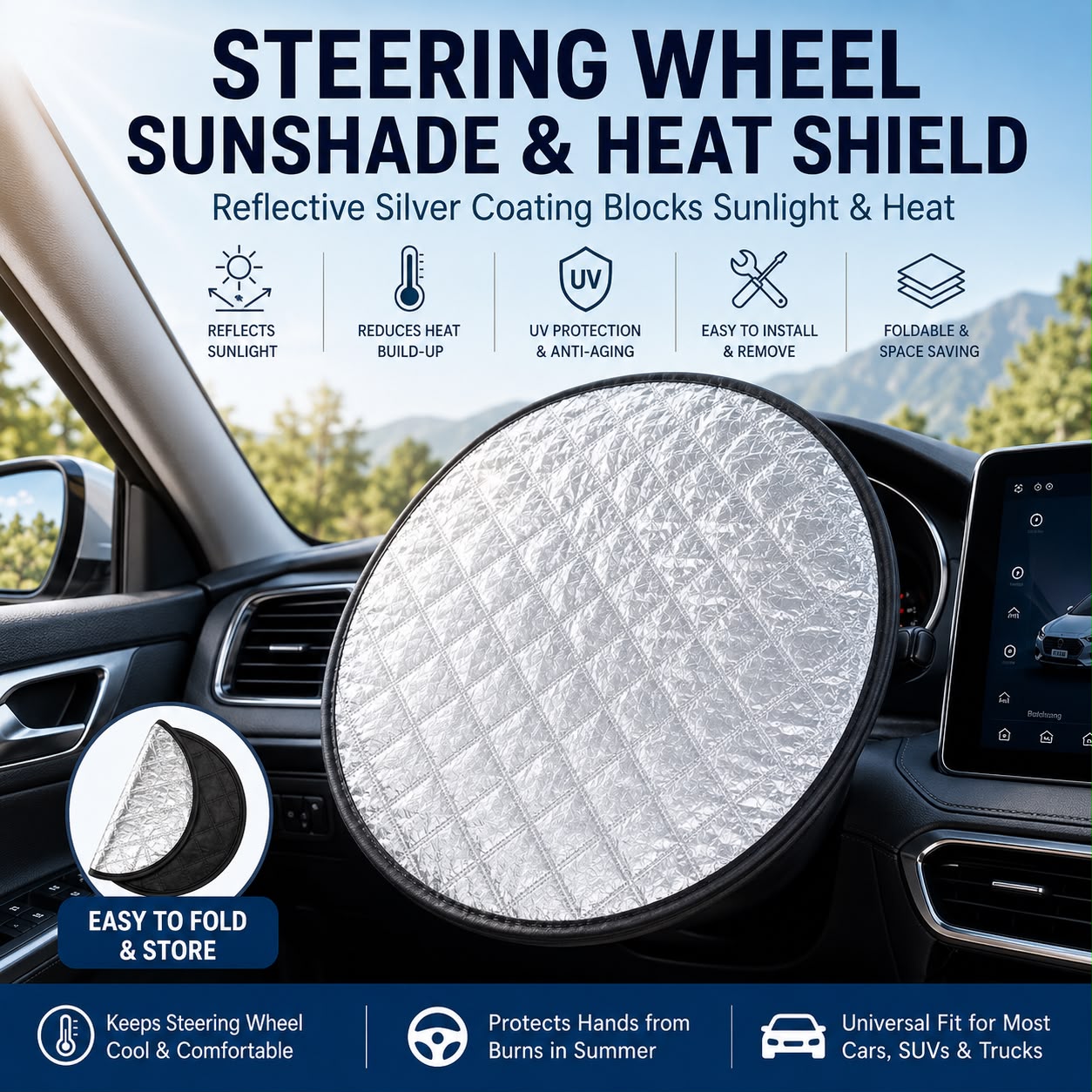 Steering Wheel Sunshade & Heat Shield – Reflective Car Steering Wheel Cover