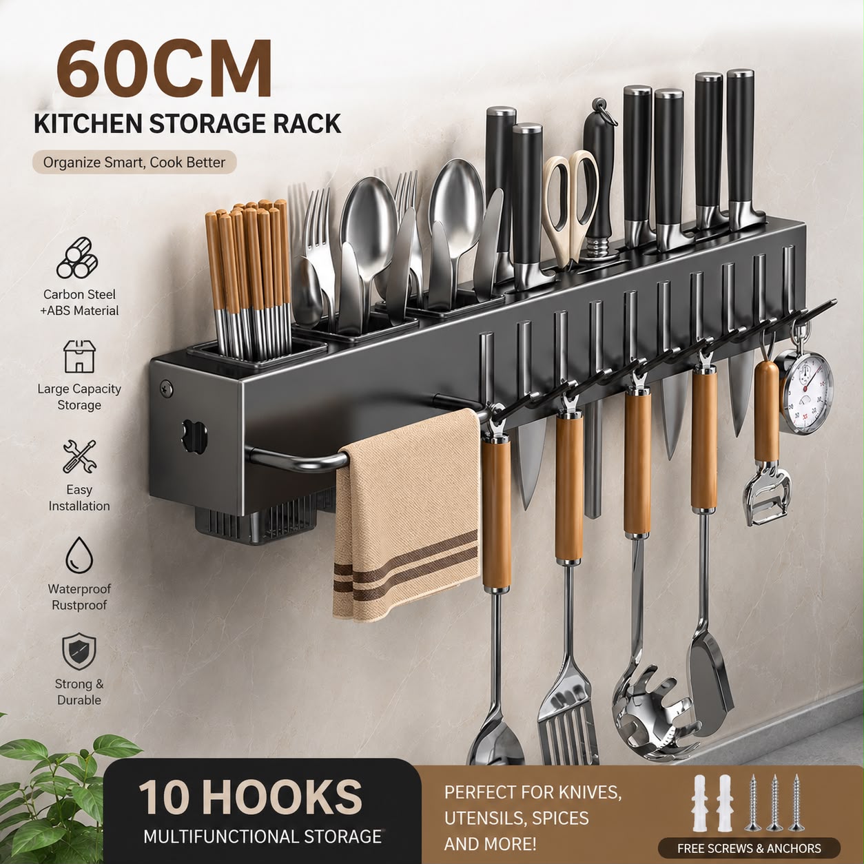 60 CM Wall-Mounted Kitchen Storage Rack with 10 Hooks – Carbon Steel Multifunction Organizer