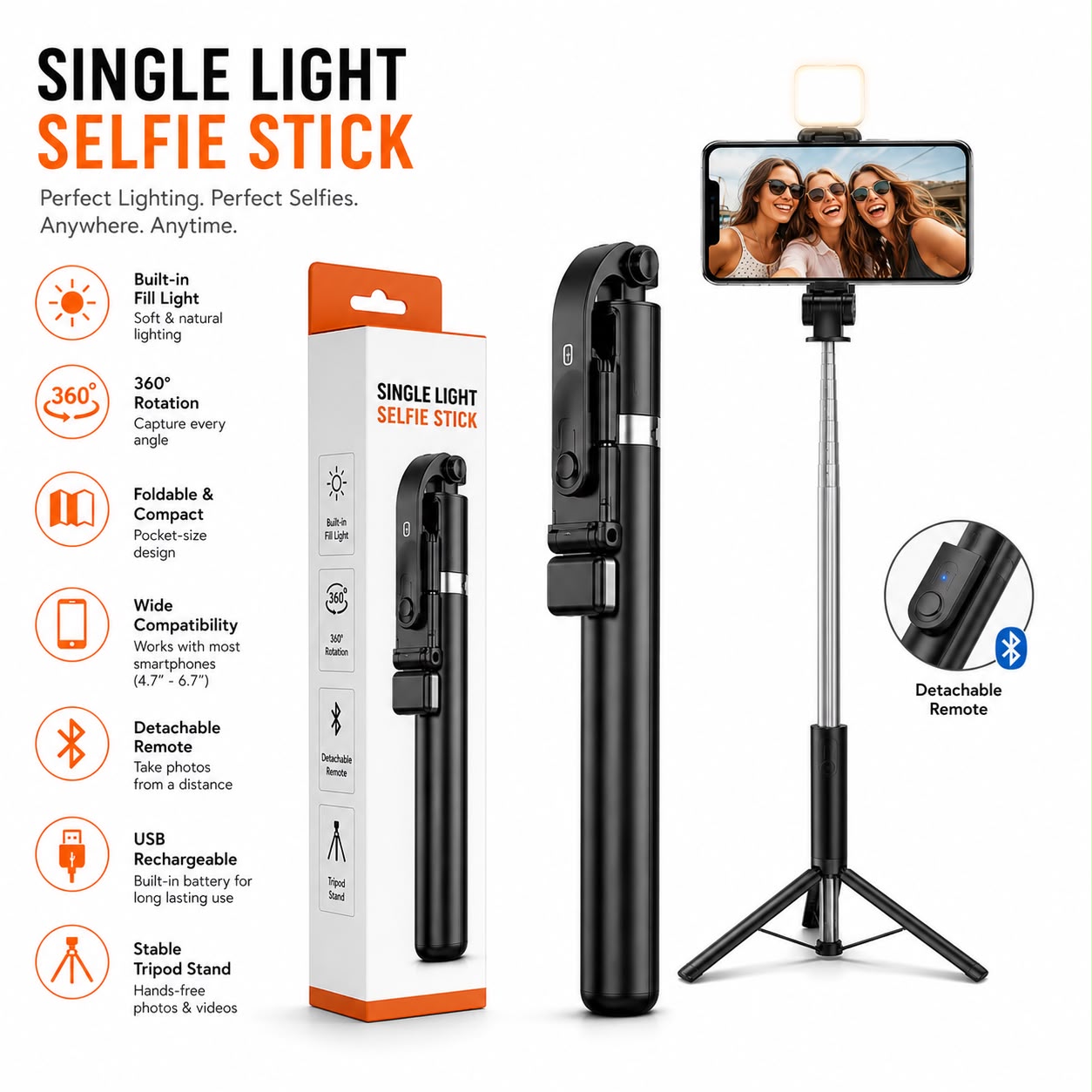 Single Light Selfie Stick with Fill Light, Bluetooth Remote & Tripod Stand