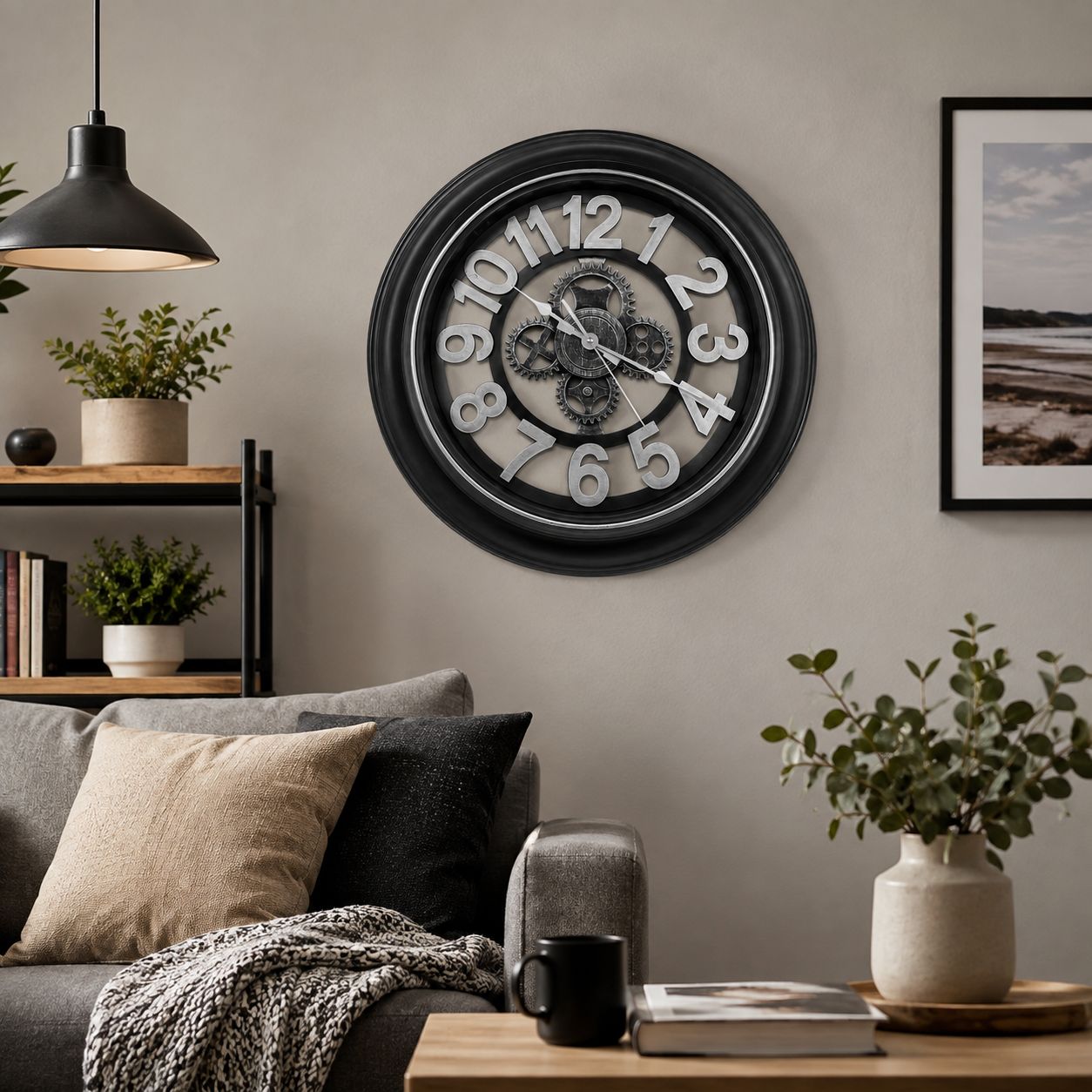 Vintage Gear Wall Clock – Black & Silver