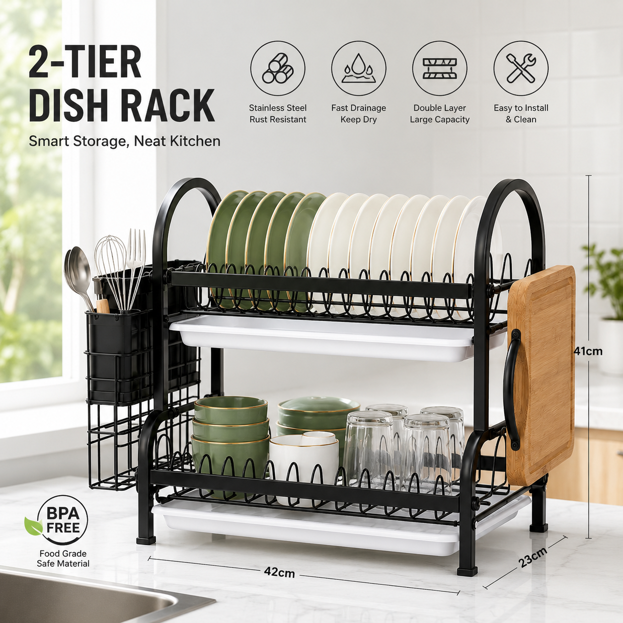 2-Tier Kitchen Dish Drying Rack with Cutlery Holder