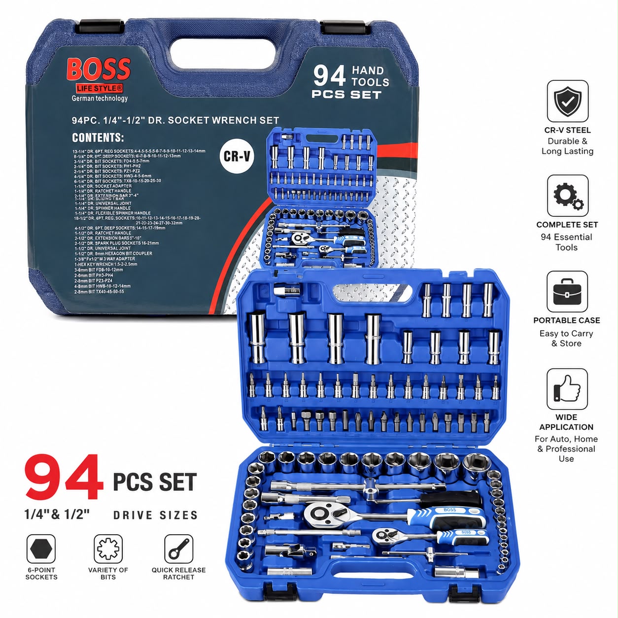 94-Piece 1/4" & 1/2" Drive Socket Wrench Set – CR-V Steel
