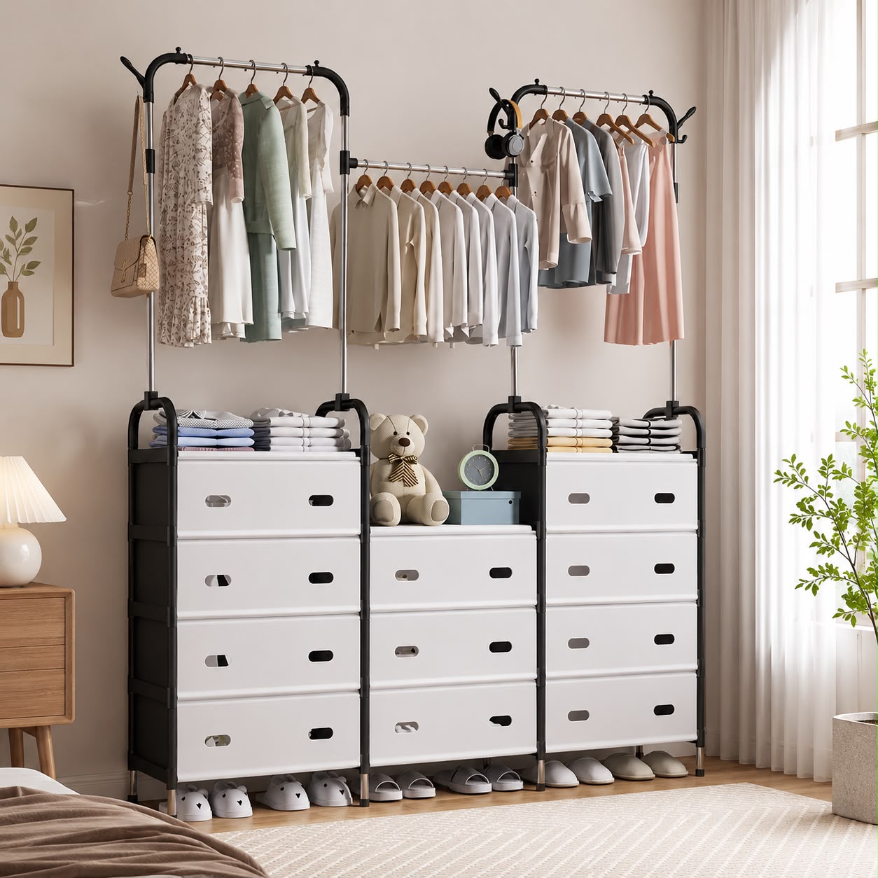 3-Tier Clothes Storage & Garment Rack with Drawers