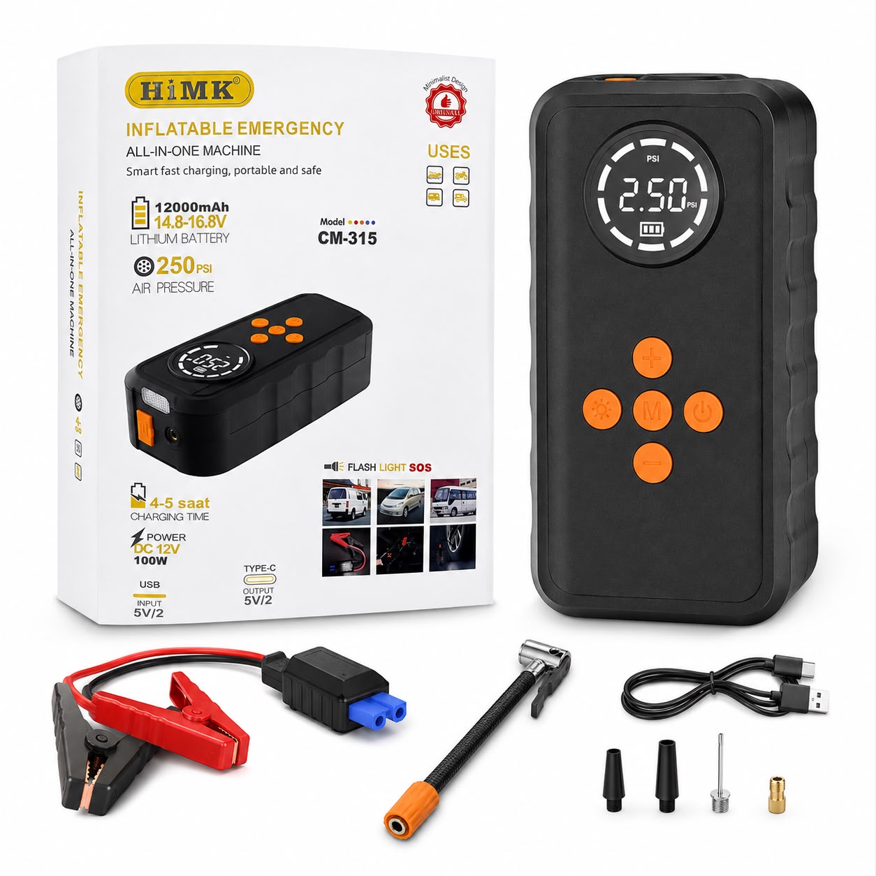 HIMK CM-315 Inflatable Emergency All-in-One Machine – 12000mAh, 250 PSI