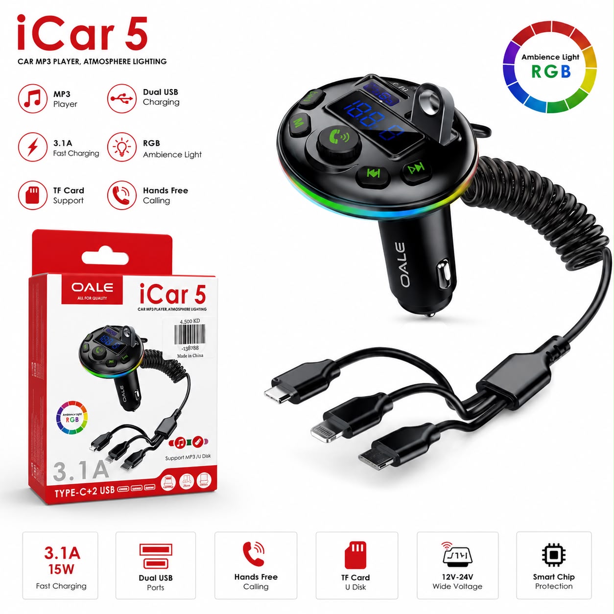 OALE I Car 5 Car FM Transmitter & MP3 Player – RGB Ambient Light, Dual USB, Hands-Free Calling