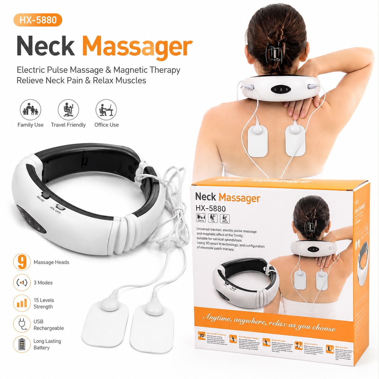 HX-5880 Electric Pulse Neck Massager – 9 Massage Heads, 3 Modes, 15 Intensity Levels