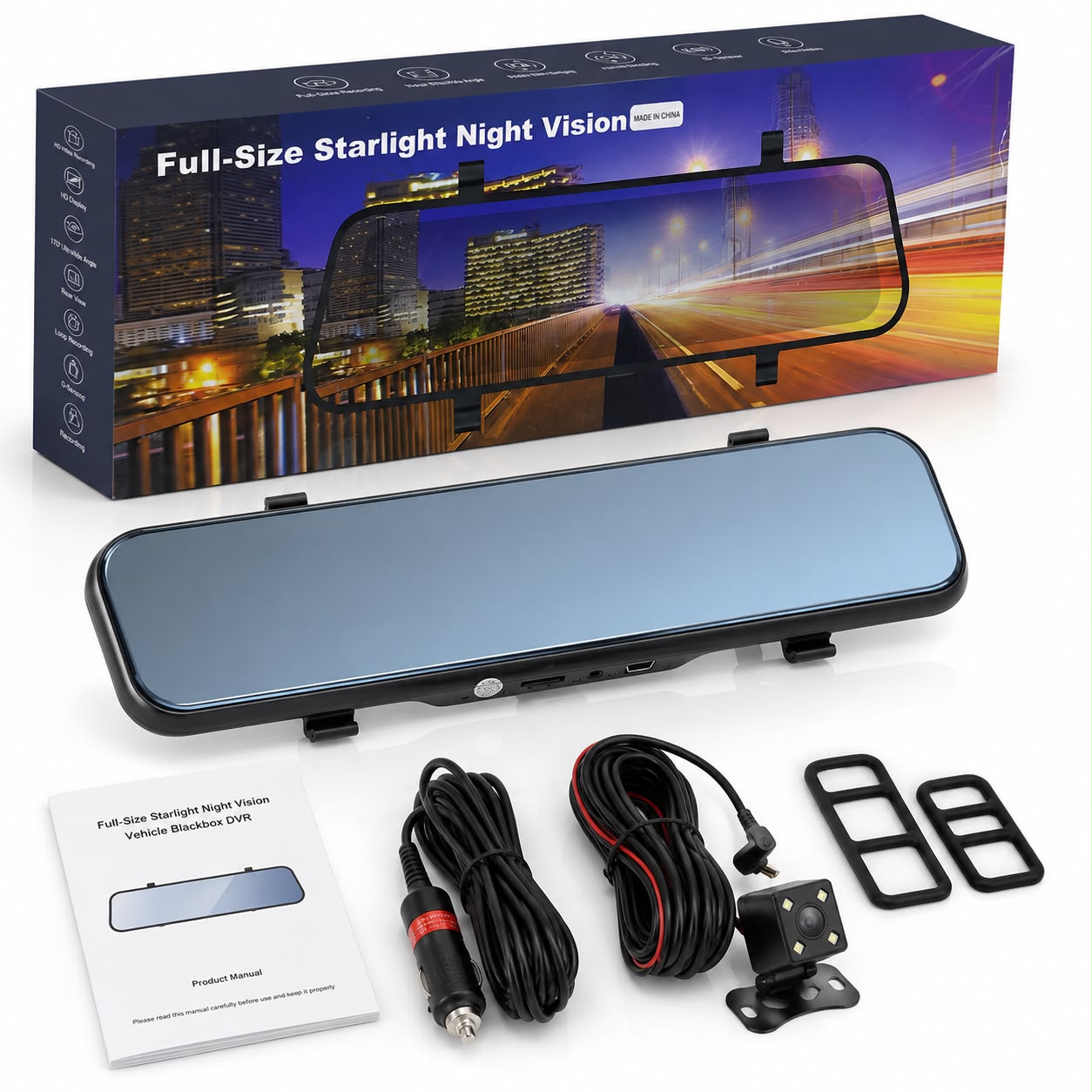 Full-Size Starlight Night Vision Car Rear View Mirror Dash Cam – Dual Camera DVR