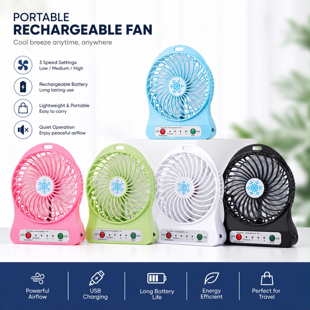 Portable Rechargeable Fan – 3 Speed Settings, USB Charging & Long Battery Life