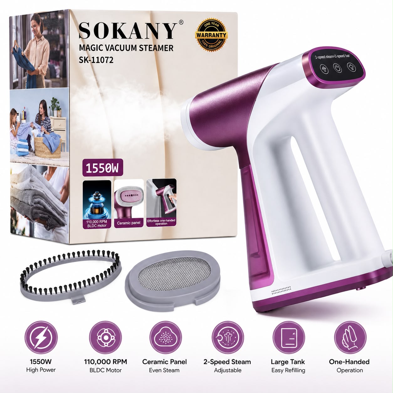 SOKANY SK-11072 Magic Vacuum Garment Steamer – 1550W, 2-Speed Steam