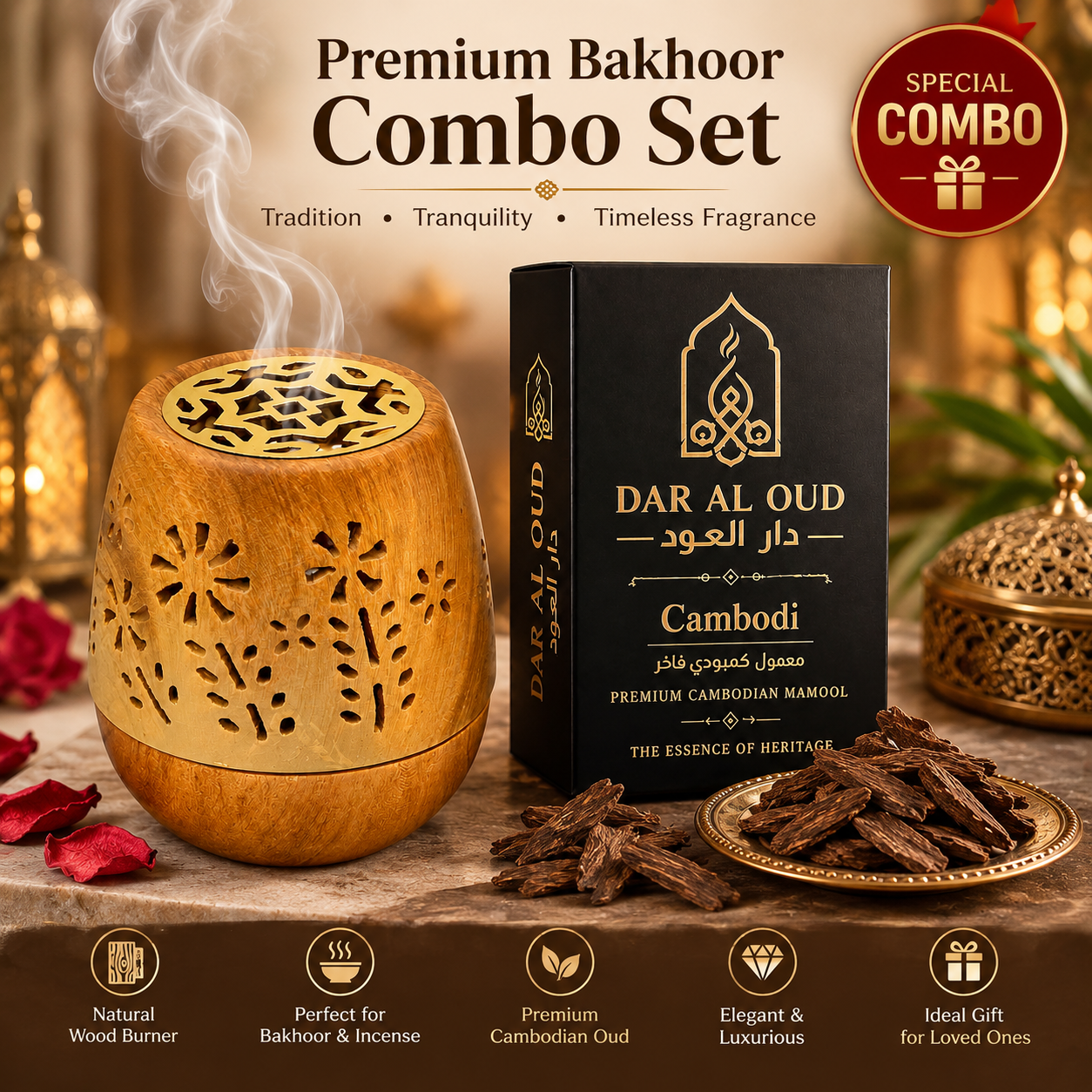 Premium Bakhour Combo Set – Wooden Bakhour Burner and Cambodian Oud 1 Tola