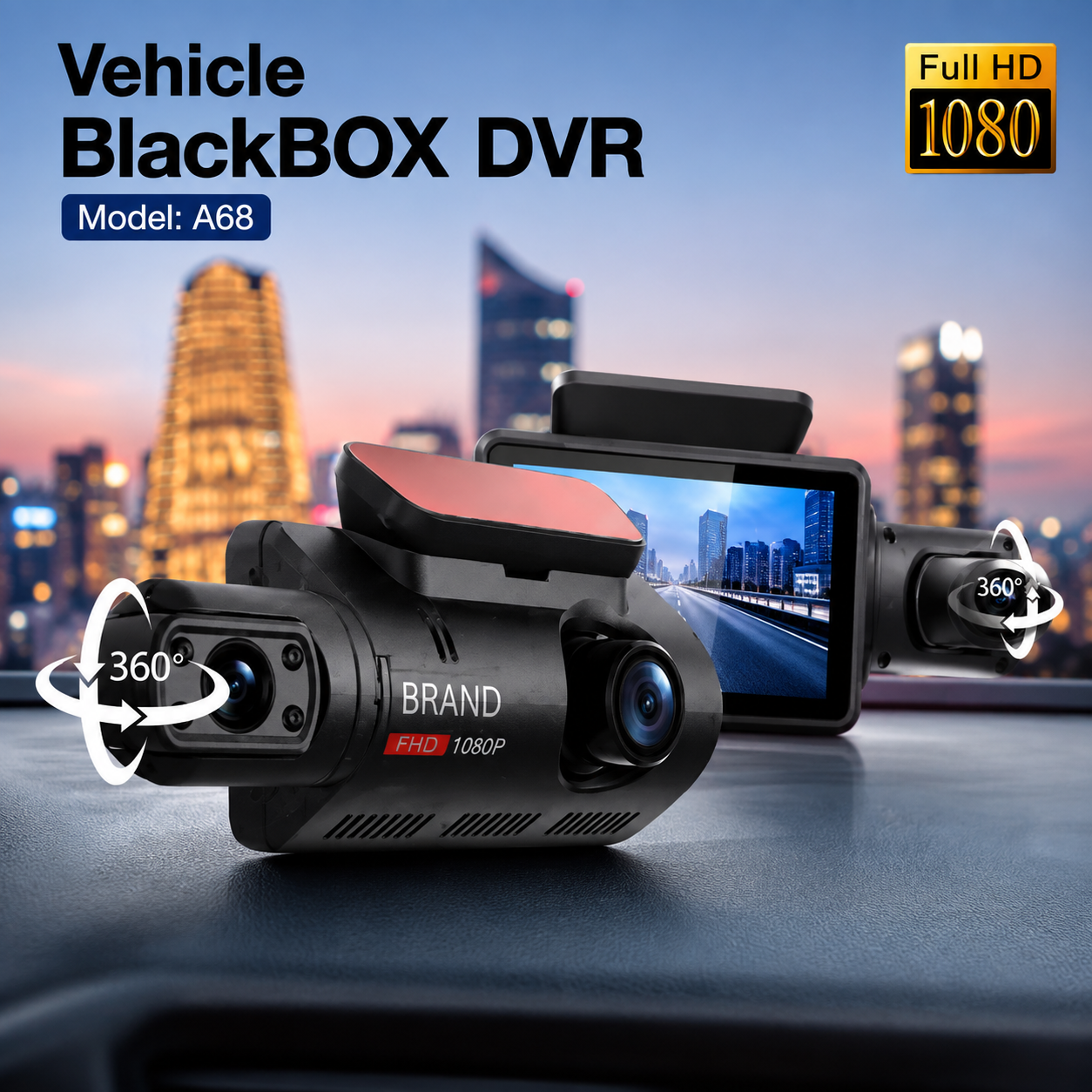 Vehicle BlackBOX DVR A68 – Dual Lens Full HD 1080P Car Dash Camera