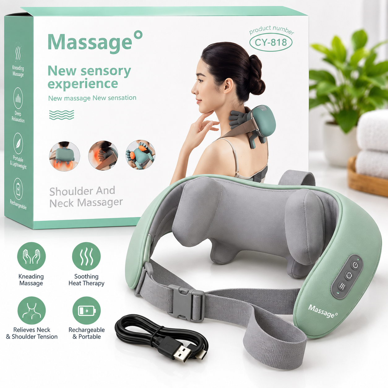 Massage° CY-818 Neck & Shoulder Massager – Rechargeable Portable Deep Kneading Massager