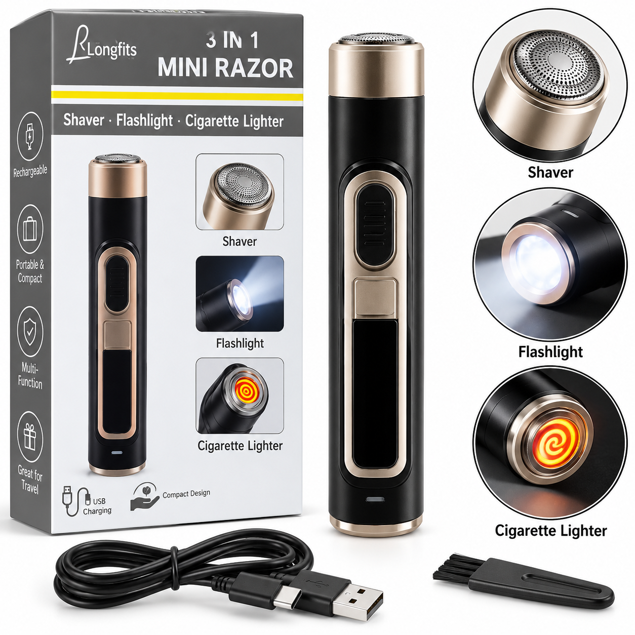3-in-1 Rechargeable Mini Razor – Electric Shaver, LED Flashlight & Electric Lighter
