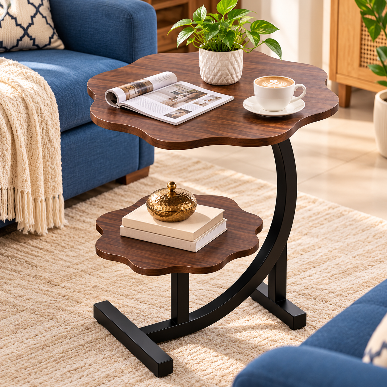 2-Tier Flower-Shaped Wooden Side Table with Curved Metal Frame