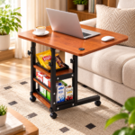 Adjustable Walnut Overbed Table with Storage