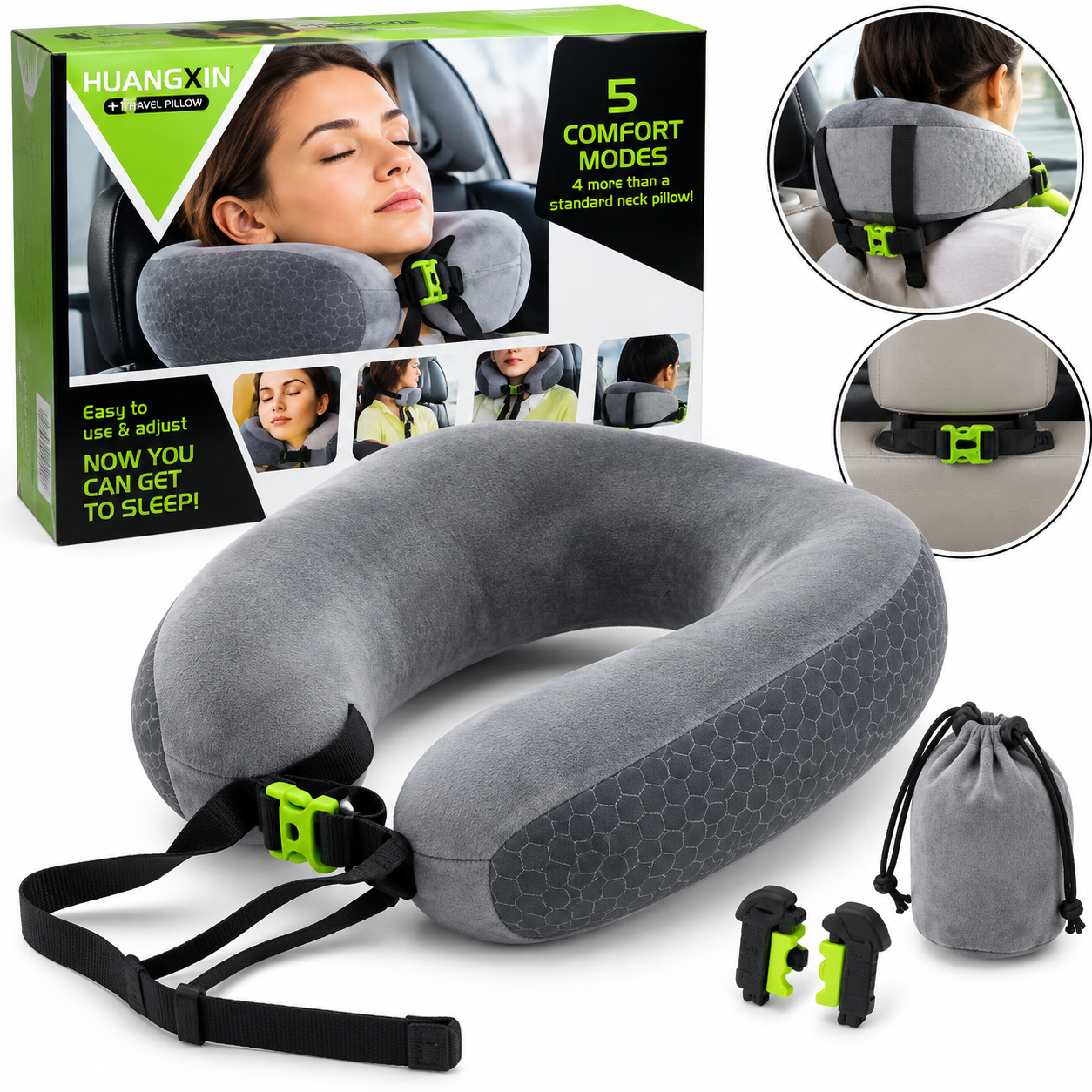 HUANGXIN Travel Neck Pillow – Adjustable Neck Support Pillow with Strap & Carry Bag
