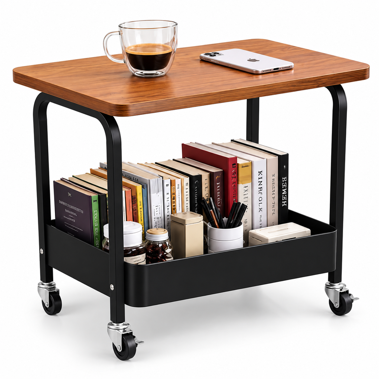 Rolling Storage Cart with Wooden Top and Wheels